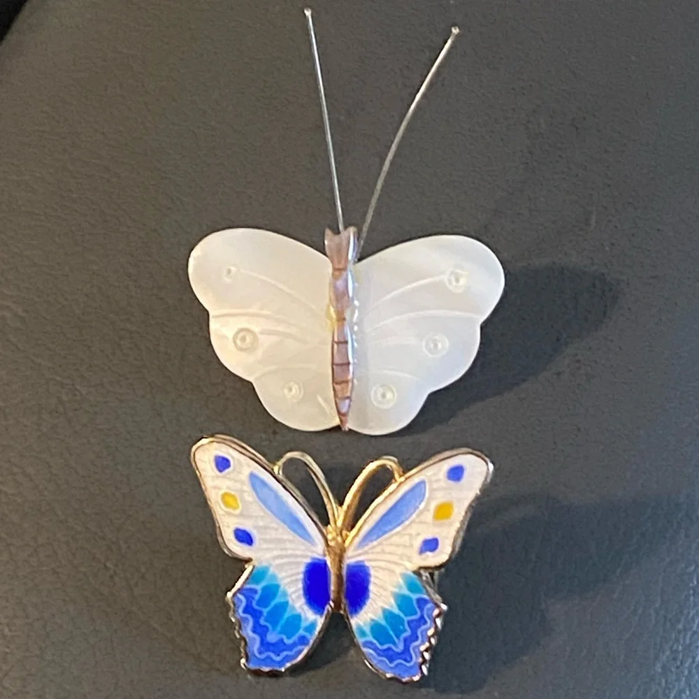 Vintage Set of 2 Butterfly Brooch Gold Metal & Enameled Mother-Of-Pearl